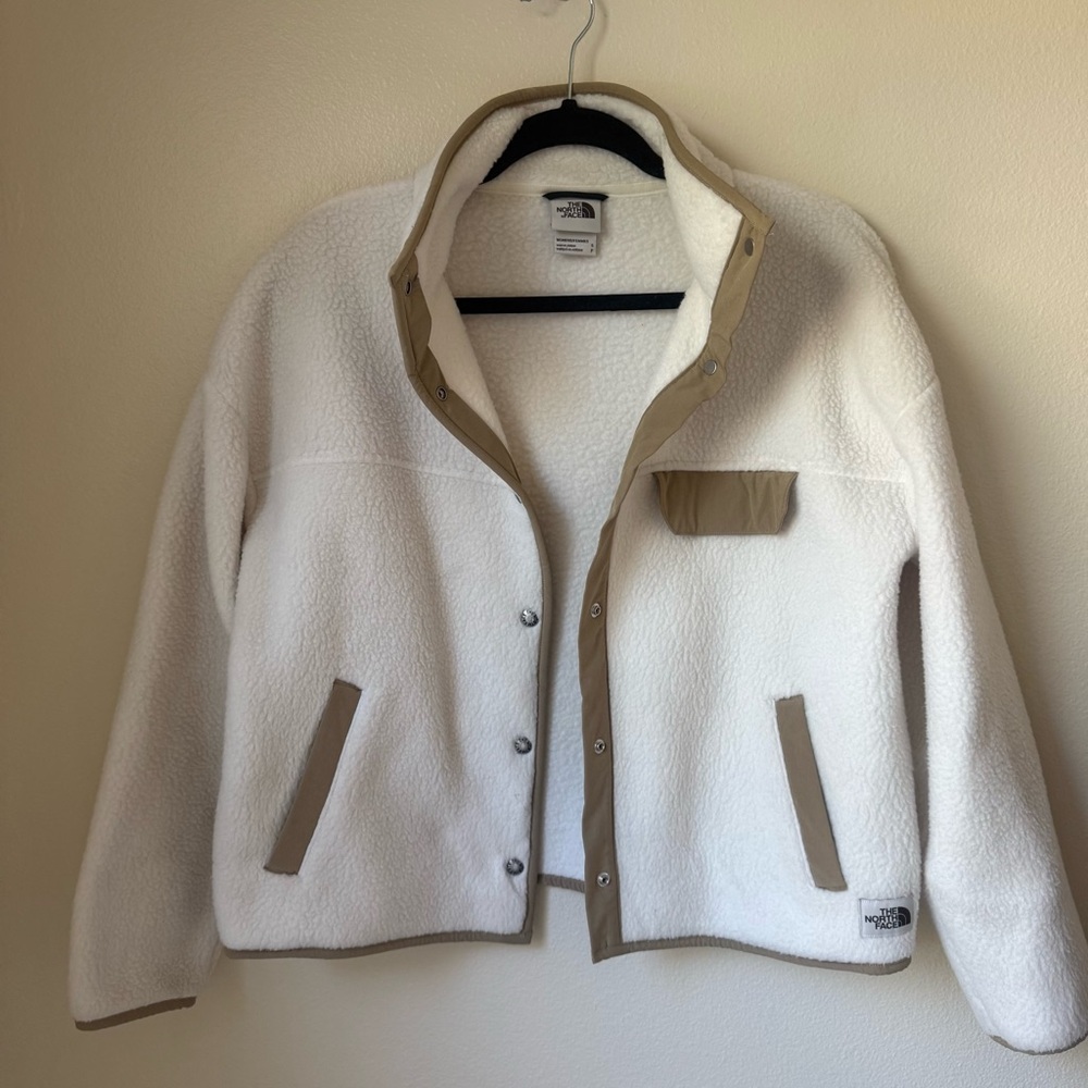 The North Face Women's White Sherpa Jacket with Tan Trim